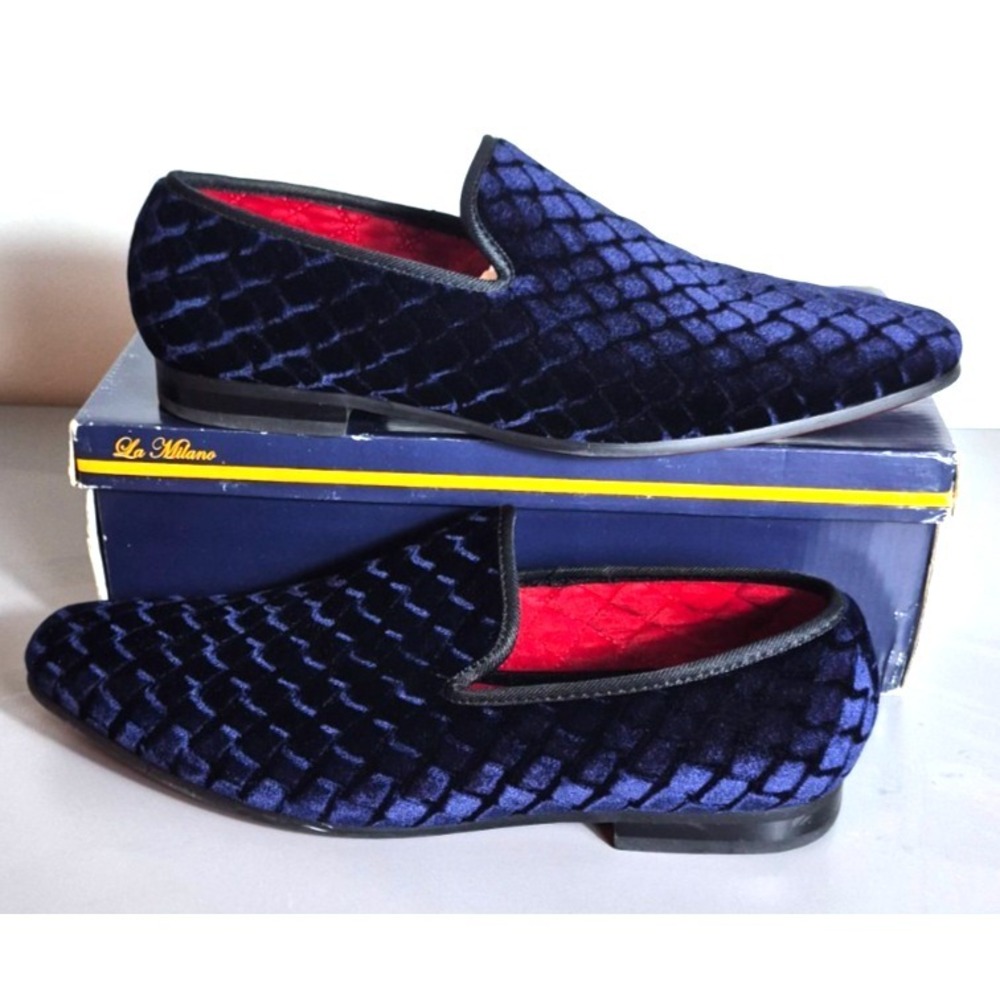La Milano Mens Quilted Velvet Velour Loafers Shoes Size 13 Navy Blue